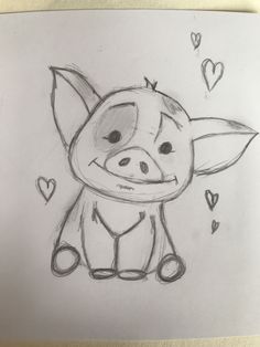 a drawing of a pig with hearts around it's eyes and nose, sitting on top of a piece of paper