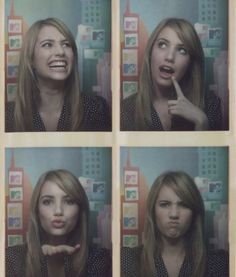 four pictures of a woman making funny faces with her finger to her mouth and the other hand on her lips