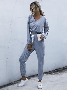 🚚FREE Shipping on orders over $80 ✨ use Code: "Mylook" for Extra Discount at checkout Women Casual V Neck Long Sleeve Solid Color Crop Top and Long Pants Two Piece Sportswear Suit Sporty V-neck Loungewear Activewear, Sporty V-neck Activewear, Gray Athleisure Sets For Loungewear, Gray Athleisure Loungewear Sets, Sporty Gray Loungewear Sets, Spring V-neck Activewear For Loungewear, Sporty Relaxed Fit Long Sleeve Sets, Athleisure Long Sleeve Loungewear Set, Women Loungewear