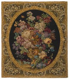 a tapestry with flowers in a vase on a black background and gold trimmings