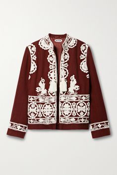 EXCLUSIVE AT NET-A-PORTER. BODE chooses the most beautiful fabrics and finishes for its collections that reflect the artisanship of clothing from eras gone by. Inspired by traditional Kashmiri styles, this 'Estate' jacket has been crafted in India from burgundy wool-felt and is decorated with silk-stitched embroidery and tassels. Use the pockets inside to store a lucky charm or lipstick. Turkish Embroidery Patterns, Peranakan Beading, Punch Clothes, Cuban Shirt, Shirt Photography, Felt Jacket, Afghan Jewelry, Beautiful Fabrics, Bohemian Summer