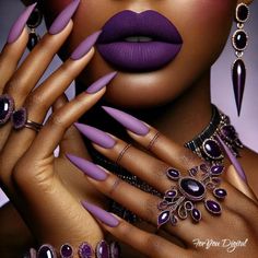 High Fashion Nail Art, Sharp Purple Nails, Dark And Light Purple Nails, Wicked Nails Pink And Green, Purple Crystal Nails, Deep Purple Nails Fall, Designer Nail Art, Wiccan Nail Designs, Black And Purple Gel Nails