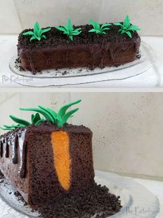 two pictures of a cake with chocolate frosting and an orange carrot on the top