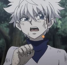 an anime character with white hair and blue eyes looking at something in the distance while holding his hand up to his mouth