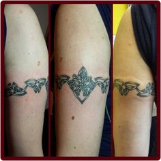 three pictures of different tattoos on the arms and legs, one with an ornate design