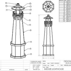 a drawing of a light house with measurements and details for the top, bottom and side views