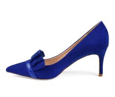 Show off elegant style in the Marek pump by Journee Collection. These pointed-toe pumps feature soft faux suede uppers and ruffle detail at the toes. Skinny stiletto high heels add the perfect height to this classic pump design. Faux suede upper,Slip-on entry,Approx. 2 3/4 inch heel,Pointed toe,Padded insole for added comfort,Synthetic outsole,Ruffle detail for added style | Women's Journee Collection Marek Pumps in Blue Size 6.5 Medium Fitted Suede Court Shoes For Party, Suede Pointed Toe Court Shoes For Party, Mid Heels Pumps, Pretty Fashion, Designer Pumps, Blue Pumps, Classic Pumps, Shoe Carnival, Pointed Toe Heels