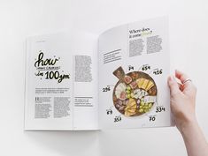 a person holding up an open book with pictures of food on the cover and in front of them