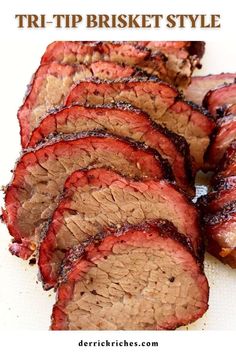 sliced brisket steak on a cutting board with text overlay