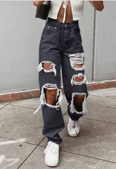 Ripped Distressed Baggy Denim Jeans Ripped High Waist Boyfriend Jeans - AnotherChill Ripped Jeans Women, Moda Denim, Jean Large, Moda Jeans, Boyfriend Jean, Summer Jeans, Loose Fit Jeans, Jeans Casual, Loose Jeans