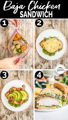 the steps to make an easy chicken sandwich with avocado and tomato slices on it