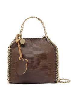 chocolate brown faux leather snakeskin effect logo charm faux-leather tag chain-link detailing two chain-link top handles chain-link shoulder strap magnetic fastening main compartment gold-tone hardware Stella Mccartney Falabella, Stella Mccartney Bag, Planet People, Leather Tag, Fine Earrings, Ballet Flat Shoes, Leather Tote Bag, Chocolate Brown, Chain Strap