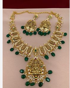 Lakshmi Pendent Dashavataram Necklace with Green Monalisa Stone Necklace Length : Approx 8 Inches Earring Length : 2.5 Inches Dashavataram Necklace, Temple Jewelry, South Indian Jewelry, Diamond Choker, Cubic Zirconia Necklace, Goddess Lakshmi, Bridal Jewellery Indian, Neck Piece, Temple Jewellery