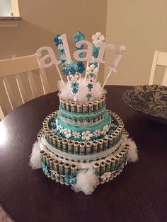 a three tiered cake sitting on top of a wooden table