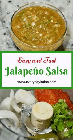 the ingredients for jalapeno salsa in a food processor with text overlay