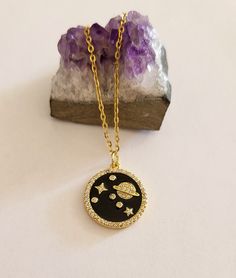 Necklace with 45cm golden stainless steel chain and 2cm X 2cm Universe medallion in enamel and zircons. Universe Necklace, Jewelry Board, Jewelry Boards, Locket Necklace, Steel Chain, Stainless Steel Chain, Locket, Necklace Etsy, Universe