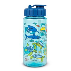 a blue water bottle with an image of sea animals on it