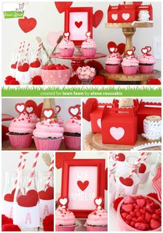 valentine's day dessert table with cupcakes and candy