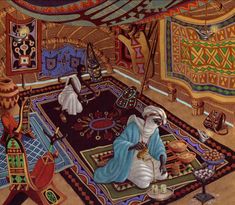 a painting of two people sitting on a rug in a room with lots of decorations