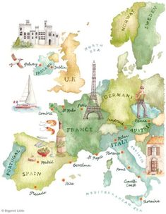 an illustrated map of europe with the eiffel tower in the background