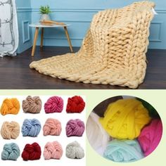 various colors of yarn on the floor and in front of a chair with a table next to it