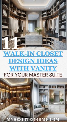 a walk in closet with white furniture and lots of clothes on the shelves, along with text overlay that reads 1 walk - in closet design ideas with vanity for your master suite