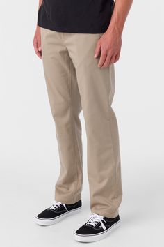 The perfect modern chino pant, built for everyday wear. It features a standard fit straight leg design, premium stretch fabrication and a light but durable feel. O'Neill Men's stretch chino pant 16" Leg opening 32" Inseam Regular fit, straight leg Back welt pockets with button closure Front slash pockets Buckle button front closure Chambray binding at interior waistband Back patch detail 98% Cotton, 2% Elastane Twill | O'Neill Men's Transporter Stretch Standard Pants in Khaki, Size 28, Elastane/ Men’s Khakis Outfit, Chinos Pants For Men, Straight Fit Pants Men, Mens Khaki Pants, Straight Pants Men, Straight Leg Pants Men, Tan Pants Men, Khaki Pants Outfit Men, Beige Pants Men