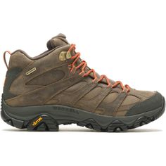 a brown hiking shoe with orange laces on the outstep and side view