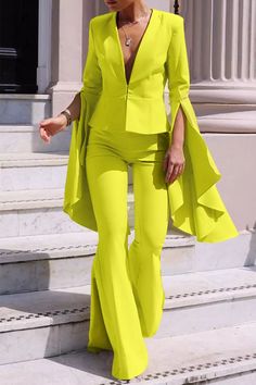 Wholesale Yellow Fashion Irregular Large Sleeve Flare Pants Two Piece Suit- wholesale21.com Yellow Two Piece, Celana Fashion, Pant Suits For Women, Fest Outfits, Big Sleeves, Pantsuits For Women, Blazer Set, فستان سهرة, England Fashion