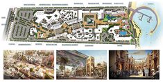 the plans for an urban park and development area are shown in three different views, including a