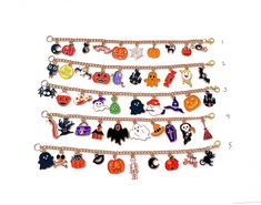 This listing is for 1 charm bracelet handcrafted by myself, and contains an assortment of enamel charms. Just select which one you like by the number. The gold plated chain is 7 3/4 inches long with 10 drops containing  jack o lanterns, ghosts, a cat, moon and grim reaper.  If you need it shorter or longer just let me know, and I will adjust it to as close as possible to the size you desire. If you would like a charm switched to something else just ask!  Each charm is placed with thought  for co Halloween Novelty Jewelry With Charms, Halloween Gift Charm Bracelet, Handmade Charm Bracelet For Halloween Gift, Handmade Halloween Charm Bracelet Gift, Moon Hat, Halloween Charm Bracelet, Jack O Lanterns, Shells And Sand, Cat Moon