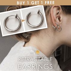 two pairs of hoop earrings are shown with the caption, retractable earings