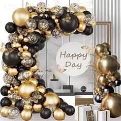 a black and gold balloon arch with balloons