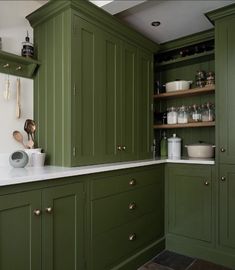 a kitchen with green cupboards and white counter tops in the center is an open pantry