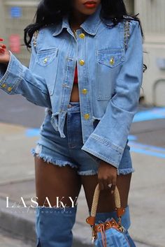 Lasaky - Sophisticated Urban Patchwork Buckle Denim Jacket with Turn-Down Collar and Long Sleeves Patchwork Denim Jacket, Denim Street Style, Womens Denim Dress, Patchwork Denim, Denim Patchwork, Turndown Collar, Fashion Gallery, Urban Chic, Jackets Online