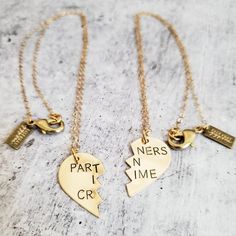 This is a perfect Valentine's day gift for your favorite person! These are TWO beautiful and shiny broken heart necklaces - one is for you, obvi.  They are hand stamped as one heart with PARTNERS IN CRIME in uppercase as pictured or any phrase around 15 characters. When the necklaces are apart, the message on the full necklace isn't clear - which is great for those of us that love to laugh at ourselves.It's the perfect way to celebrate Galentine's day with your girl gang bestie who would totally Customized Jewelry For Valentine's Day Friendship, Hand Stamped Heart Jewelry For Friendship, Customized Jewelry For Friendship On Valentine's Day, Meaningful Jewelry For Best Friend Gift On Valentine's Day, Personalized Meaningful Charm Necklaces For Friendship, Customized Heart Jewelry For Best Friend, Personalized Jewelry For Best Friend Gift, Personalized Heart Pendant Charm Necklace For Best Friend, Adjustable Charm Necklace For Best Friend On Valentine's Day