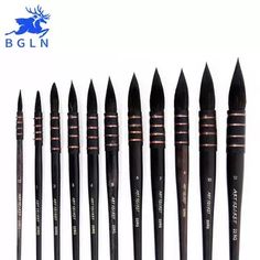 eight brushes are lined up in a row on a white background with the words bgln written below them