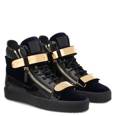 High-top lace-up sneakers in velvet and patent leather with two metal plaques, side zips and rubber sole. Luxury Leather High-top Sneakers Athleisure, Luxury High-top Sneakers With Air Max Cushioning, Luxury High-top Sneakers With Air Max For Light Sports, Zanotti Sneakers, Givenchy Tshirt, Louboutin Bags, Giuseppe Zanotti Sneakers, Mid Top Sneakers, Italian Shoes