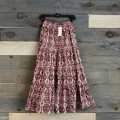 New With Tag Size: Xs Color: Brown/Pink 100% Cotton Elastic Waistband Fully Lined Tiered Full Skirt Midi To Maxi Length Hidden Side Pockets Boho, Bohemian, Anthro, Anthropologie, Revolve, Daily, Casual, Festival, Fun, Spring, Summer, Fall Pink Fitted Maxi Skirt With Elastic Waistband, Fitted Pink Maxi Skirt With Elastic Waistband, Casual Pink Relaxed Maxi Skirt, Casual Pink Cotton Maxi Skirt, Casual Pink Maxi Skirt With Elastic Waistband, Casual Fitted Pink Maxi Skirt, Bohemian Pink Maxi Skirt With Elastic Waistband, Long Pink Skirt With Elastic Waistband, Pink Cotton Maxi Skirt