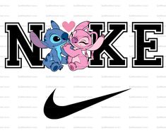 stitch and stitch hugging each other with the word nike next to it in black and white