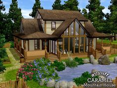 ayyuff's Caramel Mountain House -Furnished- House Design Minecraft, Blueprints Minecraft, Minecraft Mountain House, Mountain House Interior, Minecraft Mountain, Mountain House Design, Lotes The Sims 4