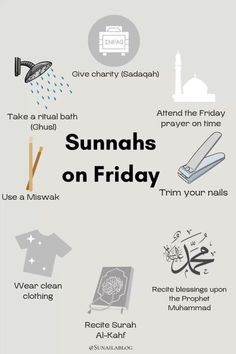 a poster with words and pictures on it that say, sunnahs on friday