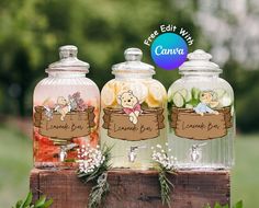 three glass jars filled with different types of food