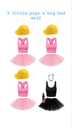 three little pigs and a big bad wolf in pink tutu skirt, black tank top with yellow hat