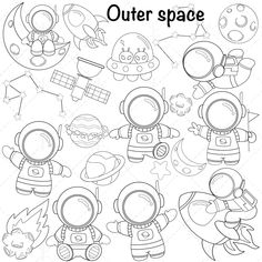 outer space coloring pages for kids with astronaut and rocket ship, planets, stars and rockets