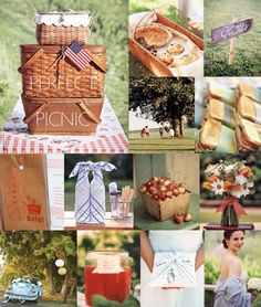 a collage of photos with picnic items and food in them, including bread boxes