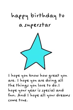 a birthday card with a blue star and the words, happy birthday to a superstar