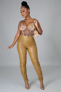 Stretch pants High waistline Ruched No closure 95% polyester 5% spandex Hand wash cold Model is wearing a small Ruched Pants, Fancy Blouses, Clipuri Video, Sleeveless Bodysuit, Faux Leather Pants, Stretch Pants, Black Booties, Two Piece Pant Set