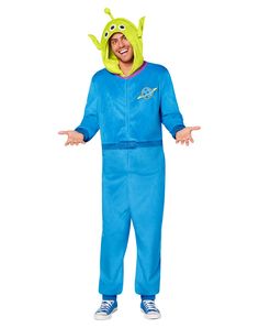 a man in a blue costume is standing with his hands out