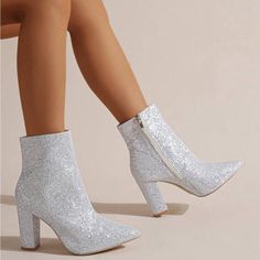 Shein Sequin Decor Point Toe Chunky Heeled Classic Boots Color: Silver Size: Us8 Brand New Never Worn Glitter Heeled Boots With Round Toe For Fall, White Block Heel Boots For Party, White Block Heeled Boots For Party, Trendy Glitter Boots For Fall, Trendy Fall Boots With Glitter, Trendy Glitter High Heel Boots, Glittery Boots, Sparkle Boots, Shoes Shein